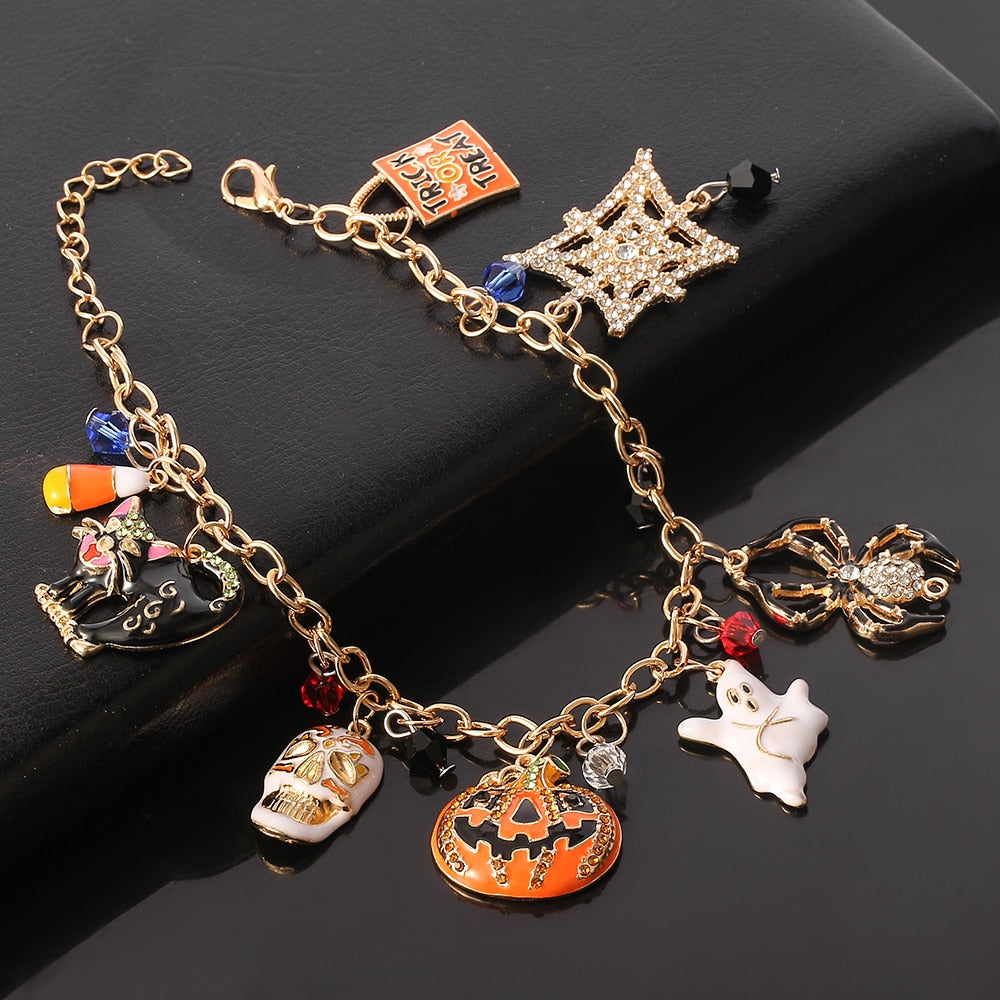 Halloween Charm Bracelet, Witch Bracelet with Gold Gemstones